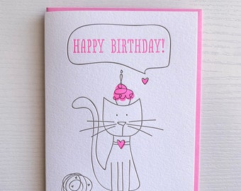 猫好きの友達への誕生日カード。猫好きの友達への活版印刷の誕生日カード、子供への誕生日カード