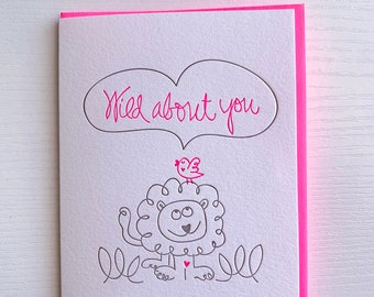 Valentines Day Card, Lion Love card, Patriot Party Valentines day card. Wild about you, Letterpress Love Card