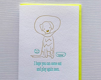 Feel Better Soon For Dog , Get Well Card for Dog, Dog Wearing Cone, Letterpress Get Well Card for Dog