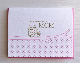 Mother's Day owl and owlette card - letterpress