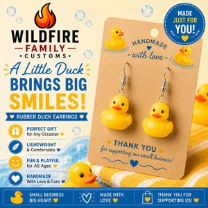 May include: A pair of yellow rubber duck earrings attached to a brown cardboard display card. The card features blue text including "HANDMADE with love," "THANK YOU for supporting our small business," and "MADE JUST FOR YOU!" with duck graphics.