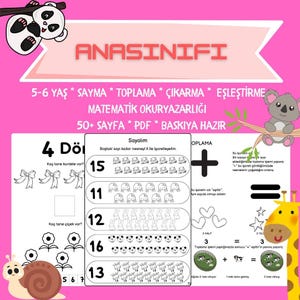 May include: A pink educational worksheet for children aged 5-6, featuring counting, addition, subtraction, and matching exercises. Includes illustrations of bows, flowers, and animals, with the text "ANASINIFI" and math terms.