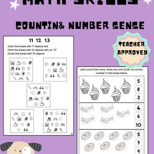 May include: Educational printable worksheet for early math skills, featuring counting and number sense exercises. Includes instructions to color, mark, and circle objects. The worksheet is designed for ages 4-6 and includes 20 printable pages.