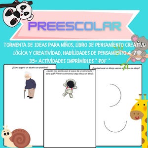 May include: A preschool activity book with the word "PREESCOLAR" at the top. The book features illustrations of an astronaut, an elderly man, and a snail. Text includes "TORMENTA DE IDEAS PARA NIÑOS" and "35+ ACTIVIDADES IMPRIMIBLES * PDF".