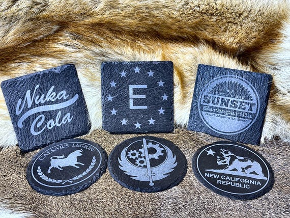 Fallout Slate Coasters Set – NCR BoS Legion Enclave – Vault Boy – Nuka-Cola Sunset Sarsaparilla
