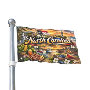 May include: A North Carolina state flag with a colorful design featuring state symbols and the text "North Carolina." The flag is attached to a silver pole and includes images of a lighthouse, waterfall, and food.