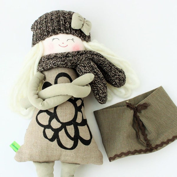 New '''' , Teresa ,  handmade soft doll, rag doll, wearing  beret ,scarf ,socks and skirt ,  ready to ship, linen,stuffed doll