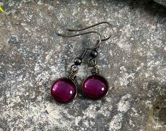 Mulberry Purple Glasohrringe: Antikmessing Boho Schmuck, Herbsttöne
