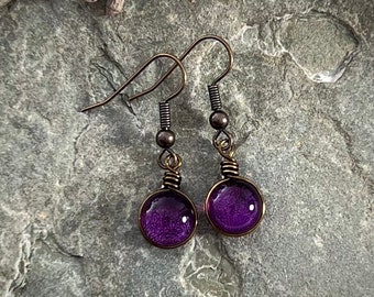 Purple Art Glass Earrings: Vintage Style Antiqued Brass Boho Jewelry