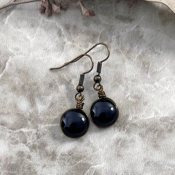 Dark Cottagecore Tiny Black Earrings, Jet Black Glass Dangle Earrings, Fairy Grunge Jewelry Goth Girlfriend Gift, Emo Jewelry Witchy Gifts