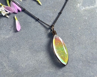 Iridescent Necklace for Women Boho Jewelry, One of a Kind Beachy Jewelry Handmade Glass Hippie Jewelry Retro Vintage Style Brass Chain