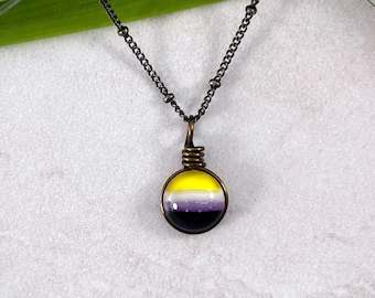 Nonbinary Pride Flag Necklace: Handmade Fused Art Glass Enby Jewelry