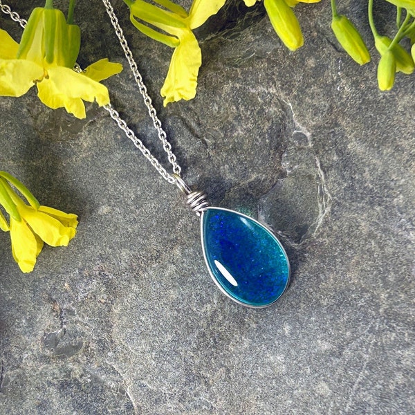 Iridescent Glass Blue Necklace Handmade Jewelry Unique Gifts for Her, Coastal Grandma Pendant Necklaces for Women Silver Chain Boho Jewelry