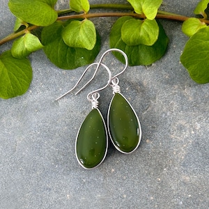 Olive Green Handmade Glass Earrings: Argentium Sterling Silver Dangle Earrings
