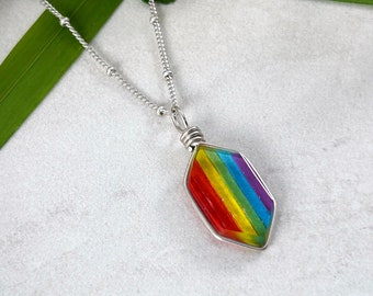 Sterling Silver Rainbow Necklace LGBTQ Flag Rainbow Pride Glass Pendant LGBTQ Necklace Pride Flag Jewelry Queer Fashion Unique Gift