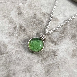 August Birthday Peridot Green Art Glass Necklace: Silver Birth Month Jewelry, Virgo or Leo