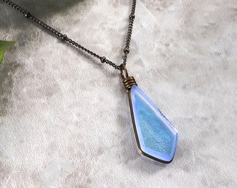 Light Blue Glass Pendant Fairycore Grunge Iridescent Necklace Retro Vintage Style Brass Chain Wire Wrapped Pastel Goth Cottagecore Necklace
