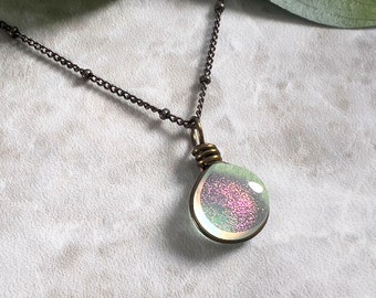 Light Green Glass Pendant with Pink Sparkles Dainty Necklace for Women Boho Jewelry, Retro Vintage Style Beachy Necklace, Best Friend Gift