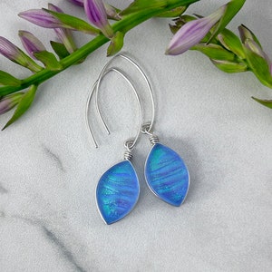 Handmade Glass Blue Earrings, Costal Grandma One of a Kind Boho Jewelry Gift for Her, Long Silver Unique Earrings, Iridescent Earrings