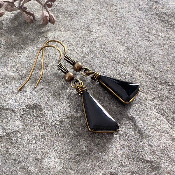 Tiny Black Earrings, Mismatched Asymmetrical Jet Black Glass Dangle Earrings, Fairy Grunge Jewelry Goth Girlfriend Witchy Gifts for Her