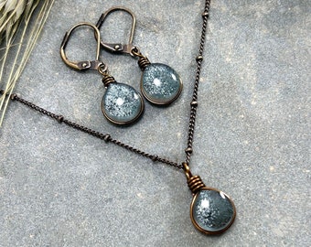 Gray Handmade Art Glass Necklace and Earring Set: Antiqued Brass Jewelry