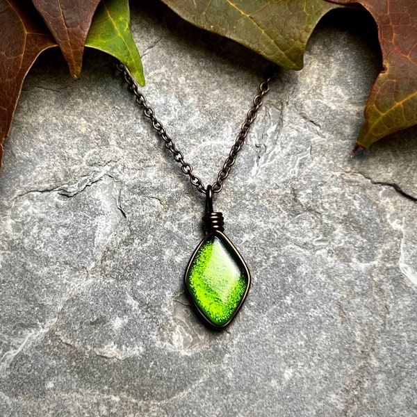 Green Glass Fall Necklace Cottagecore Jewelry, Minimalist Style Nature Necklace Earthy Fall Colors Autumn Jewelry Unique Gift for Her