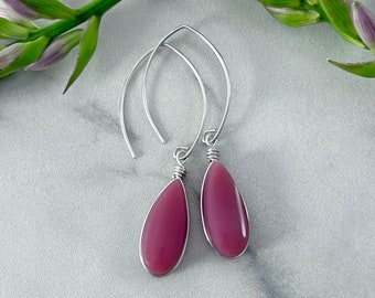 Mauve Pink Dangle Earrings Handmade Glass Minimalist Jewelry, Boho Chic Silver Earrings for Women, Girlfriend Gift Unique Gift for Her