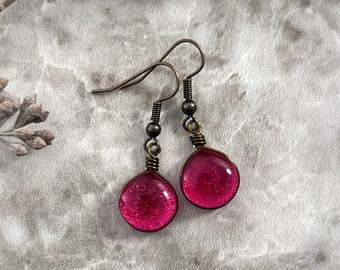 French Rose Pink Earrings, Vintage Style Rustic Brass Boho Chic Glass Earrings Hippie Jewelry for Women Unique Handmade Gift for Her