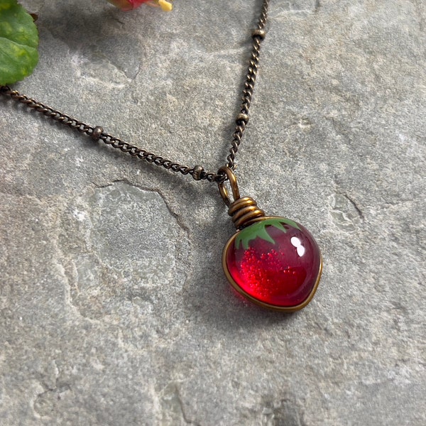 Strawberry Necklace Vintage Style Nature Inspired Handmade Necklace Cottagecore Jewelry Forestcore Aesthetic Summer Jewelry Strawberry Lover