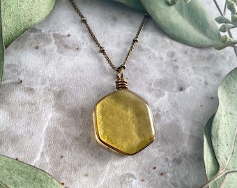 Honeycomb Necklace: Handmade Iridescent Art Glass, Antiqued Brass Bee Jewelry