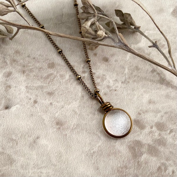 Sparkly Clear Handmade Glass Minimalist Necklace, Dainty Pendant Necklace for Women Simple Classic Boho Jewelry, Vintage Style Brass Chain