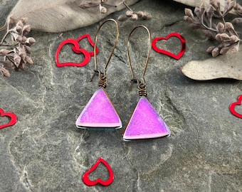 Hot Pink Glass Earrings, Sparkly Pink 90s Style Geometric Earrings, Valentine's Day Gift, Handmade Jewelry Galentine's Day Unique Gift