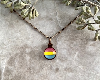 Pansexual Pride Necklace: LGBTQ Jewelry, Handmade Art Glass Antiqued Brass