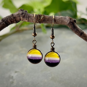 Handmade Nonbinary Pride Flag Earrings: Antiqued Brass Enby Jewelry, Art Glass
