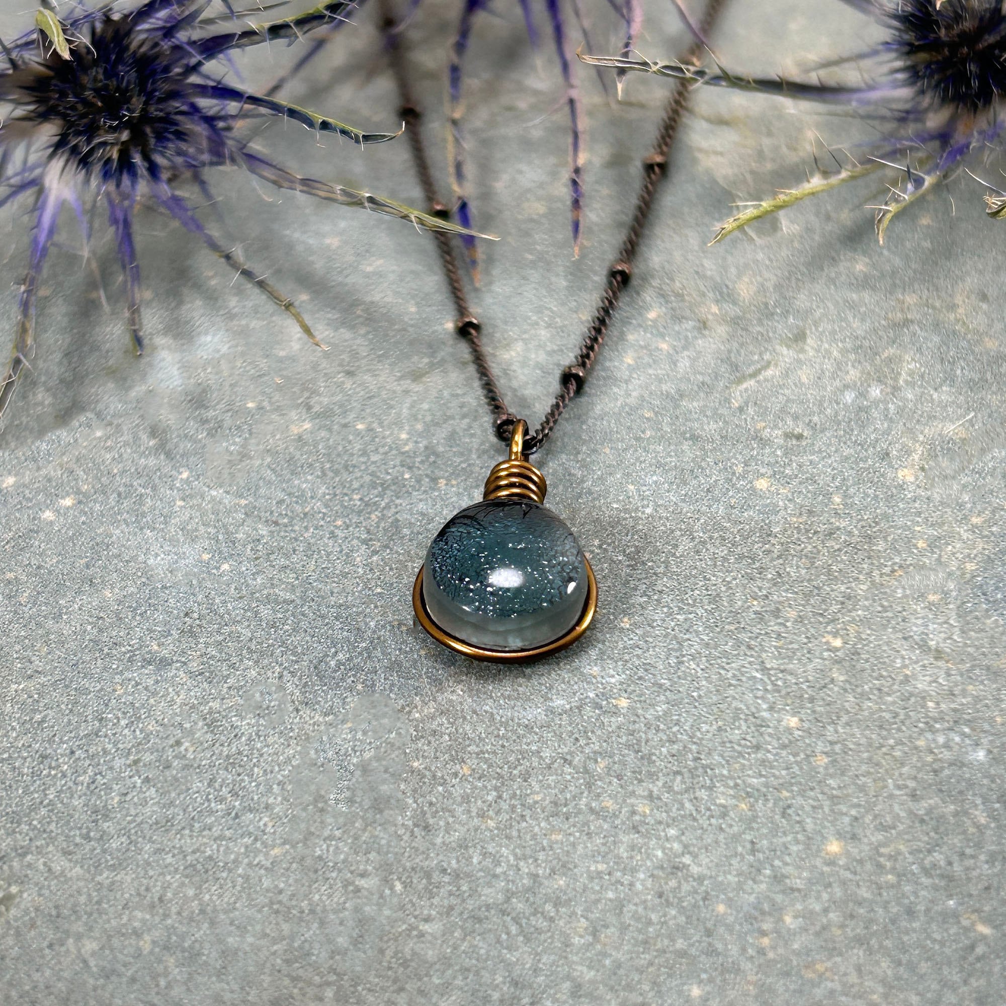 Gray Teardrop Handmade Art Glass Pendant Necklace: Antiqued Brass 