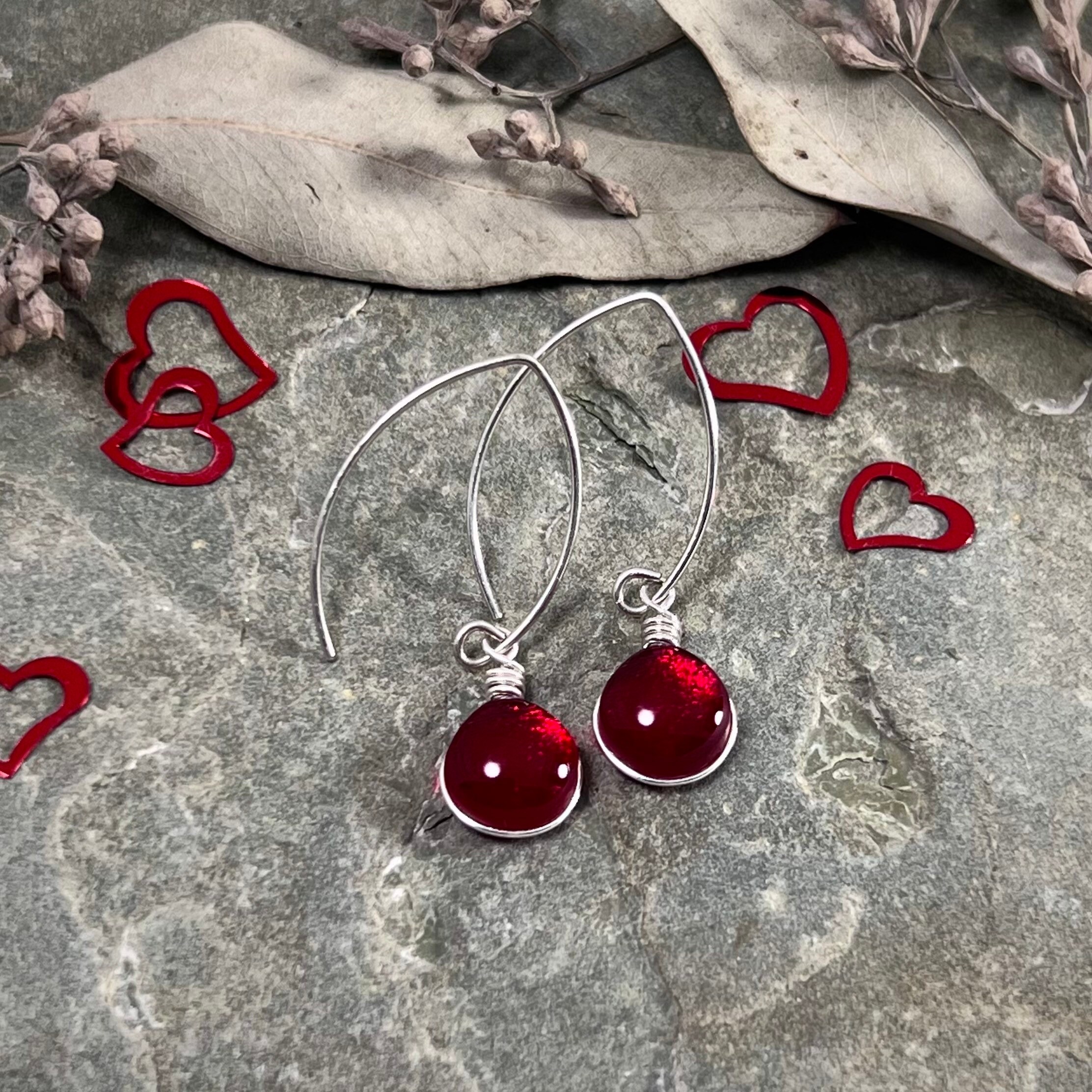 Boucles D'oreilles Créoles Rondes - Larme Rouge & Transparente - Argenté - Réf. E8652 - Neuf Sans Emballage