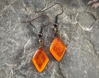 Orange Art Glass Earrings: Antiqued Brass Wire, Forestcore Jewelry