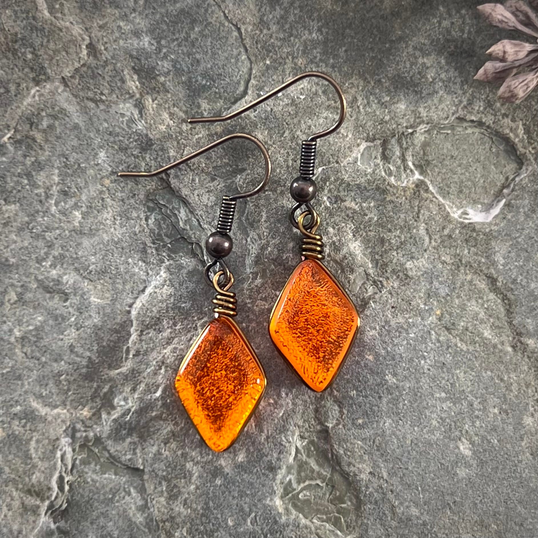 Orange Art Glass Earrings: Antiqued Brass Wire, Forestcore Jewelry