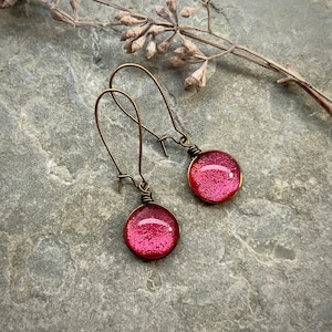 French Rose Pink Art Glass Earrings: Antiqued Brass, Hot Pink