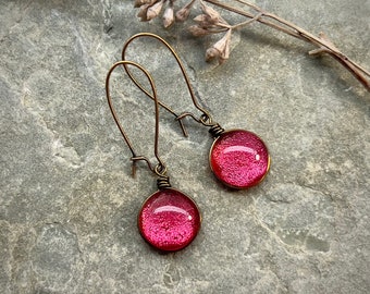 French Rose Pink Earrings, Romantic Pink Sparkly Glass Earrings Handmade Jewelry, Hot Pink Accessories, Valentine's Day Jewelry Gift for Her