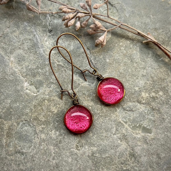 French Rose Pink Earrings, Dangle and Drop, Sparkly Iridescent Glass Earrings Handmade Jewelry, Hot Pink Accessories, Retro Vintage Style