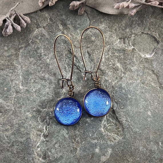 Periwinkle Blue Earrings Vintage Style Latch Hook Antiqued Brass