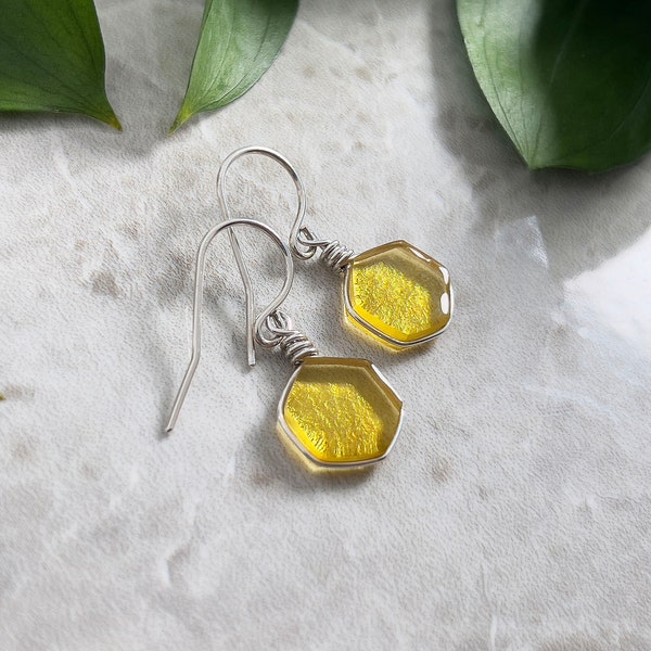 Dainty Honeycomb Earrings: Argentium Sterling Silver, Golden Iridescent Handmade Glass