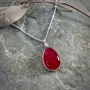 Handmade Red Art Glass Teardrop Necklace: Sterling Silver Boho Jewelry
