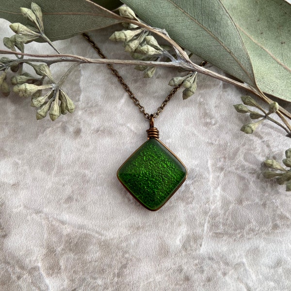 Dark Green Necklace for Women Earthy Boho Jewelry, Vintage Style Brass Handmade Glass Forest Green Cottagecore Jewelry Unique Gift for Her