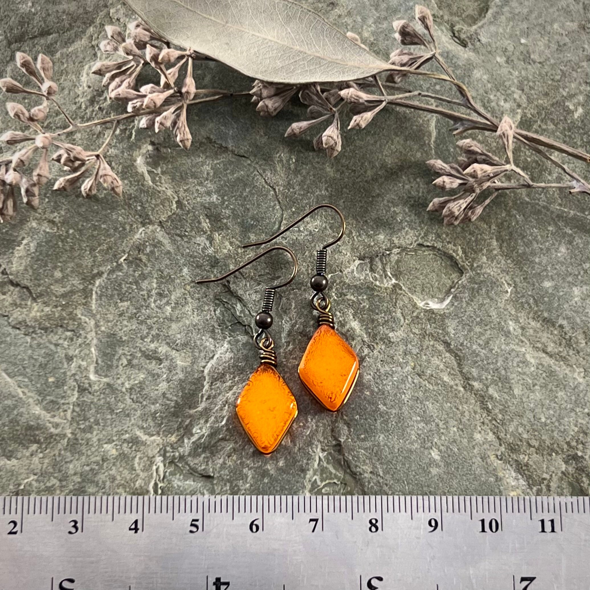 Orange Art Glass Earrings: Antiqued Brass Wire, Forestcore Jewelry