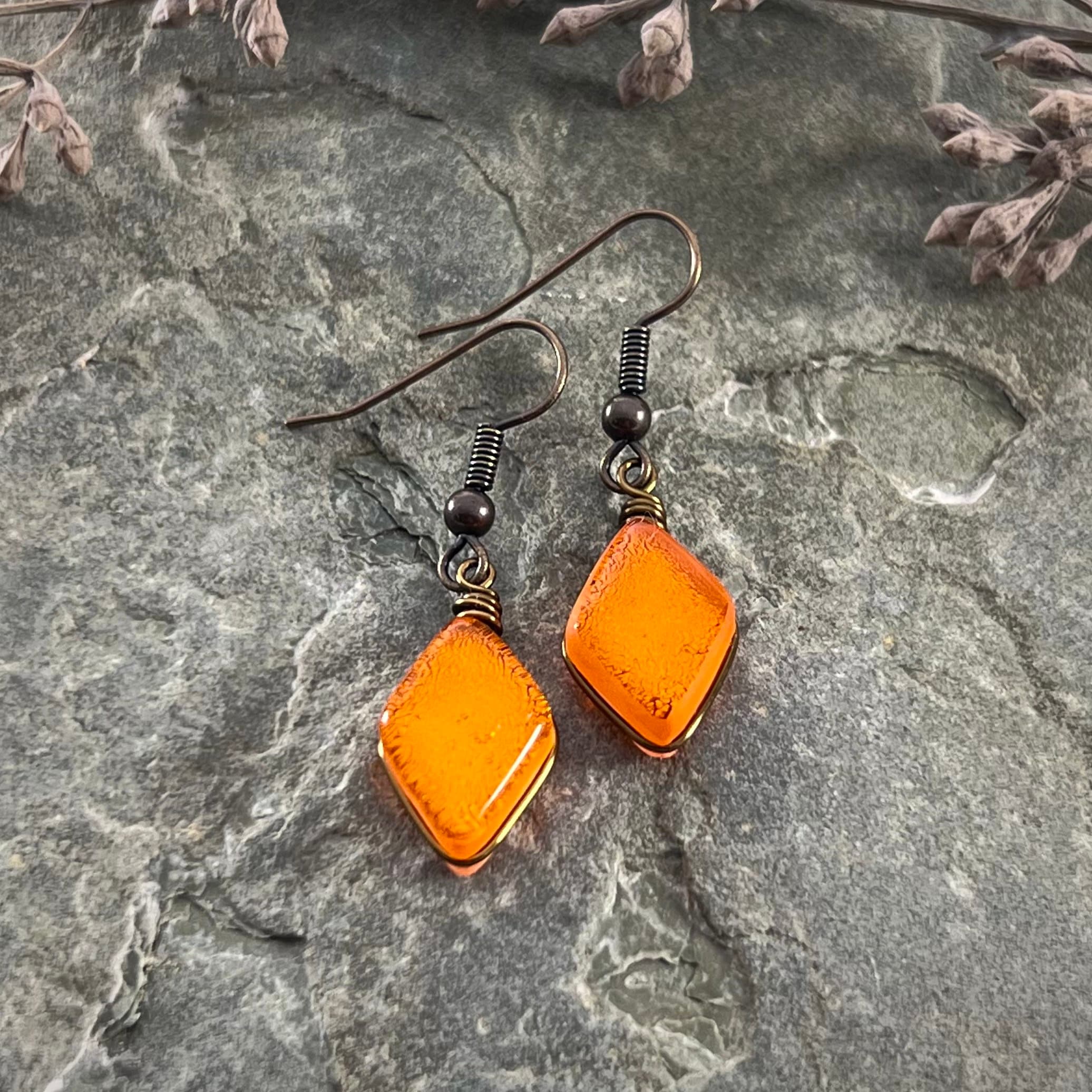 Orange Art Glass Earrings: Antiqued Brass Wire, Forestcore Jewelry