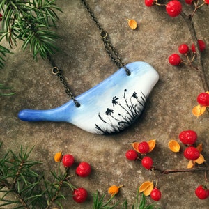 Chickadee Necklace Wildflowers Enamel Painting Cottagecore Jewelry, Glass Bird Pendant Nature Necklace One of a Kind Jewelry Gift for Women