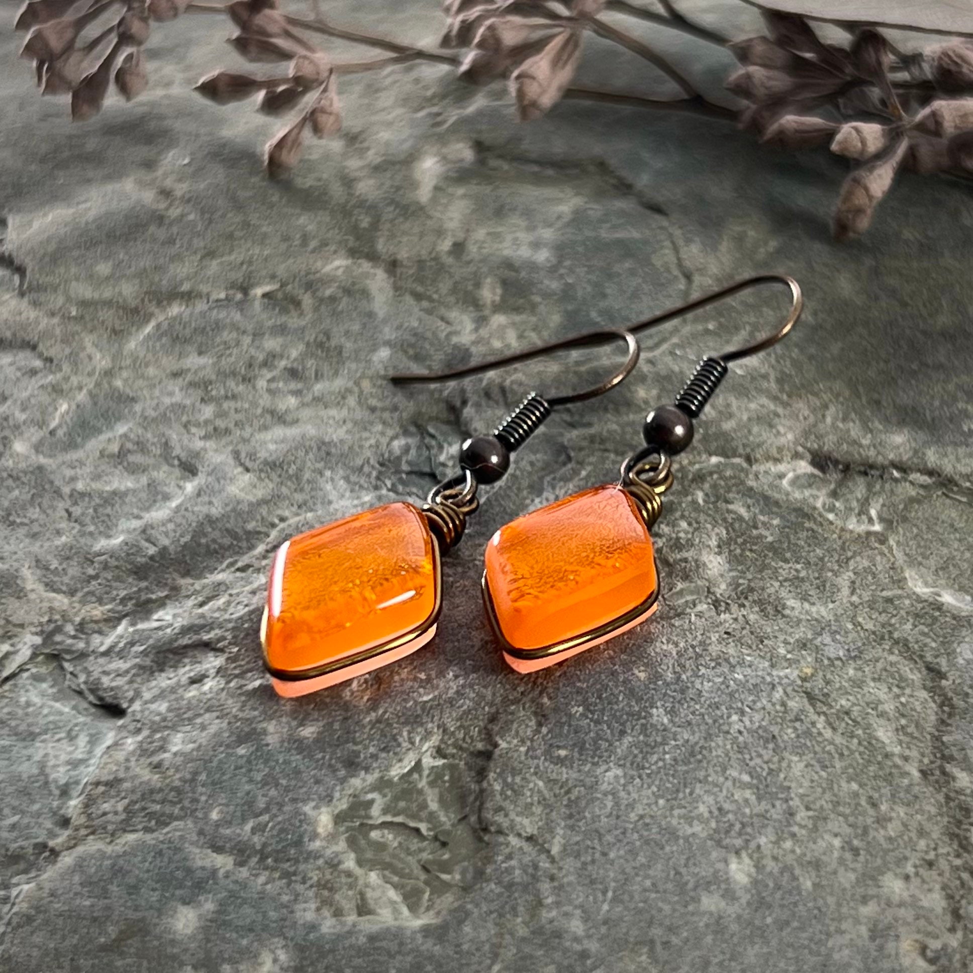 Orange Art Glass Earrings: Antiqued Brass Wire, Forestcore Jewelry
