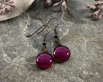 Boucles d'oreilles en verre violet Mulberry, boucles d'oreilles Cottagecore bijoux esthétiques, boucles d'oreilles Boho de style vintage bijoux d'automne couleurs d'automne